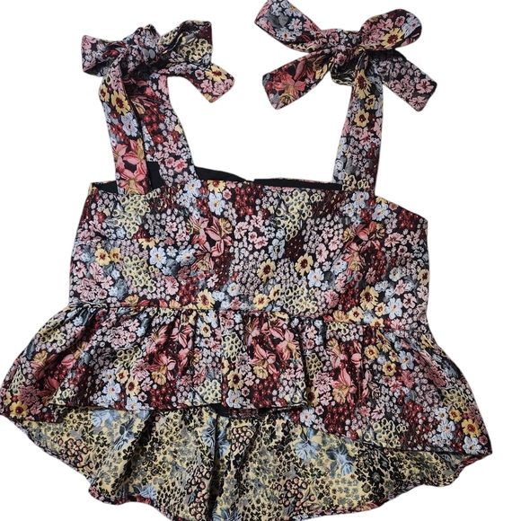 Moodie Floral Jacquard Peplum Tank Top Sz S black Pink - Picture 1 of 11